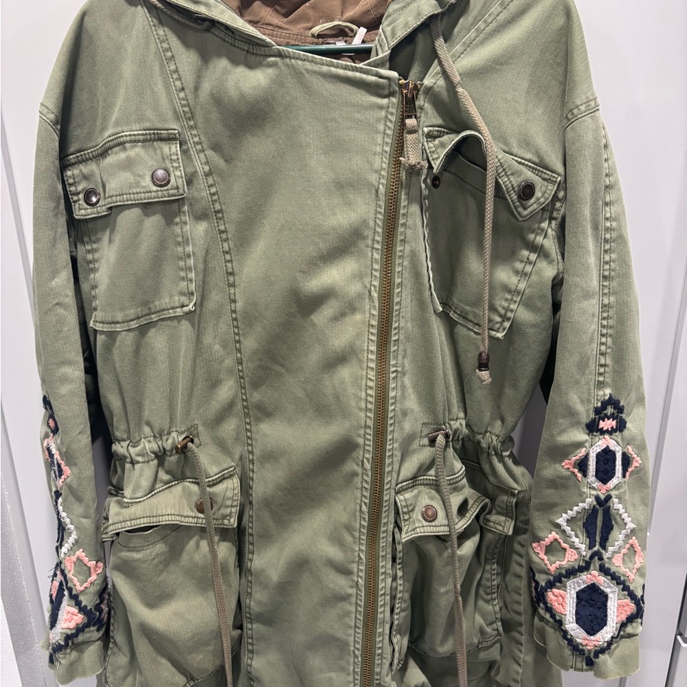 Free People Embroidered Army Green Hooded Tribal Embroidered Twill Parka Large - Picture 9 of 12
